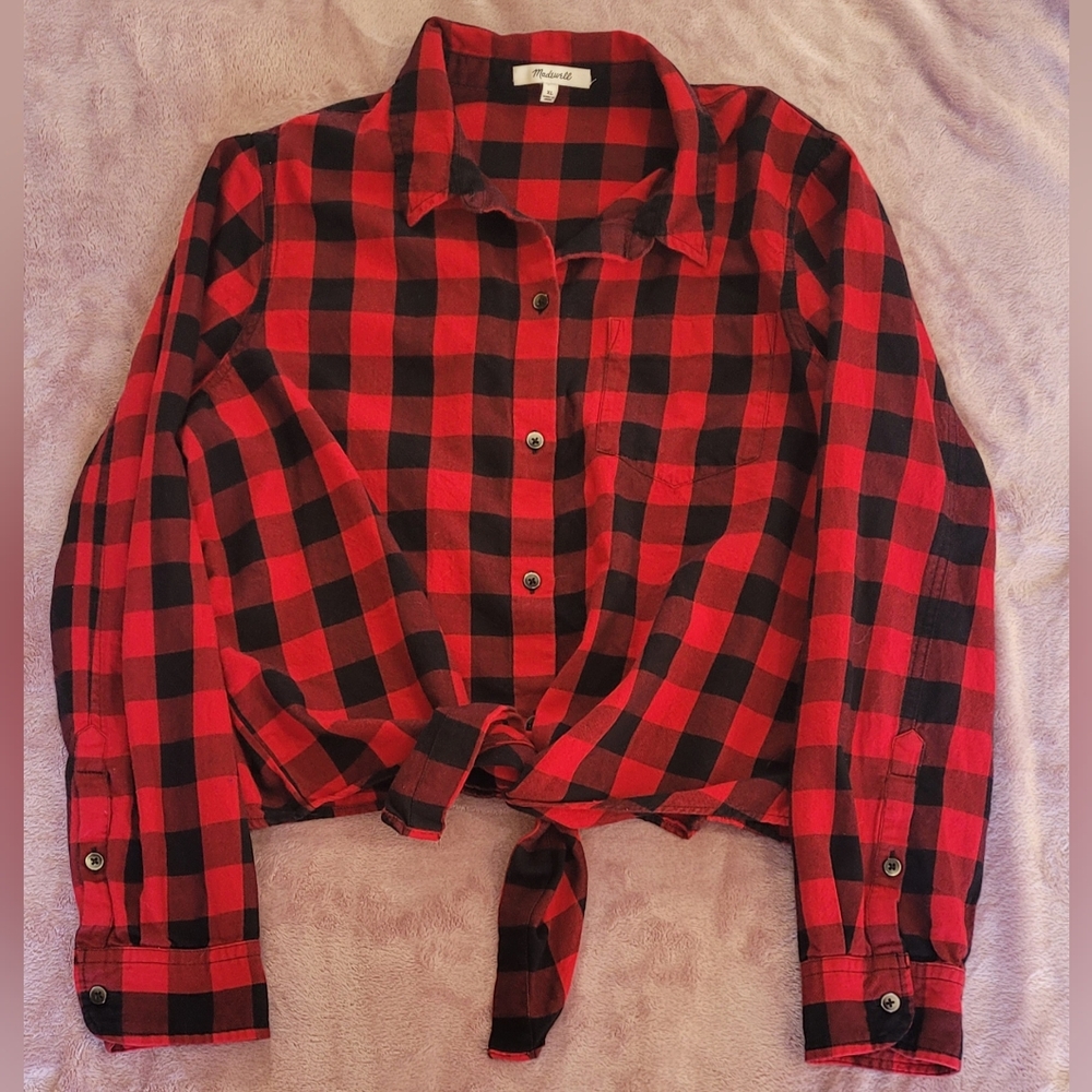 Madewell Womens XL Red Black Buffalo Plaid Check Flannel Tie Front Top Shirt